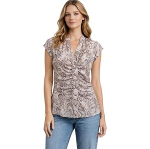 LES SEREIN Snakeskin Print Mesh Blouse M Button Front Sheer Cap Sleeve Top M